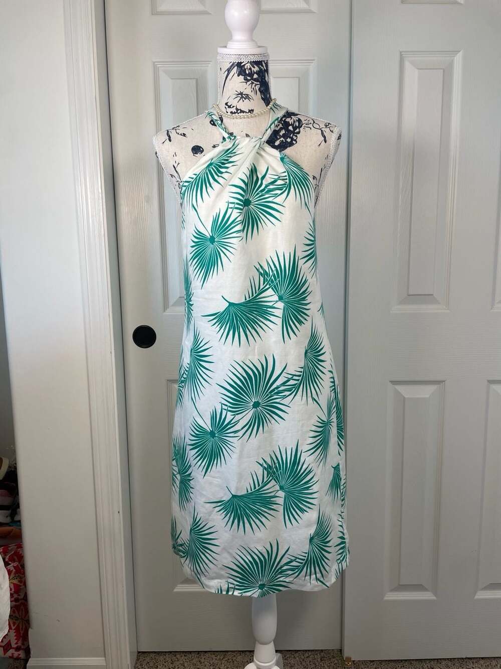 Tommy Bahama Green Palm Leaf Print Linen-Blend Halter Neck Midi Dress Sz XSP